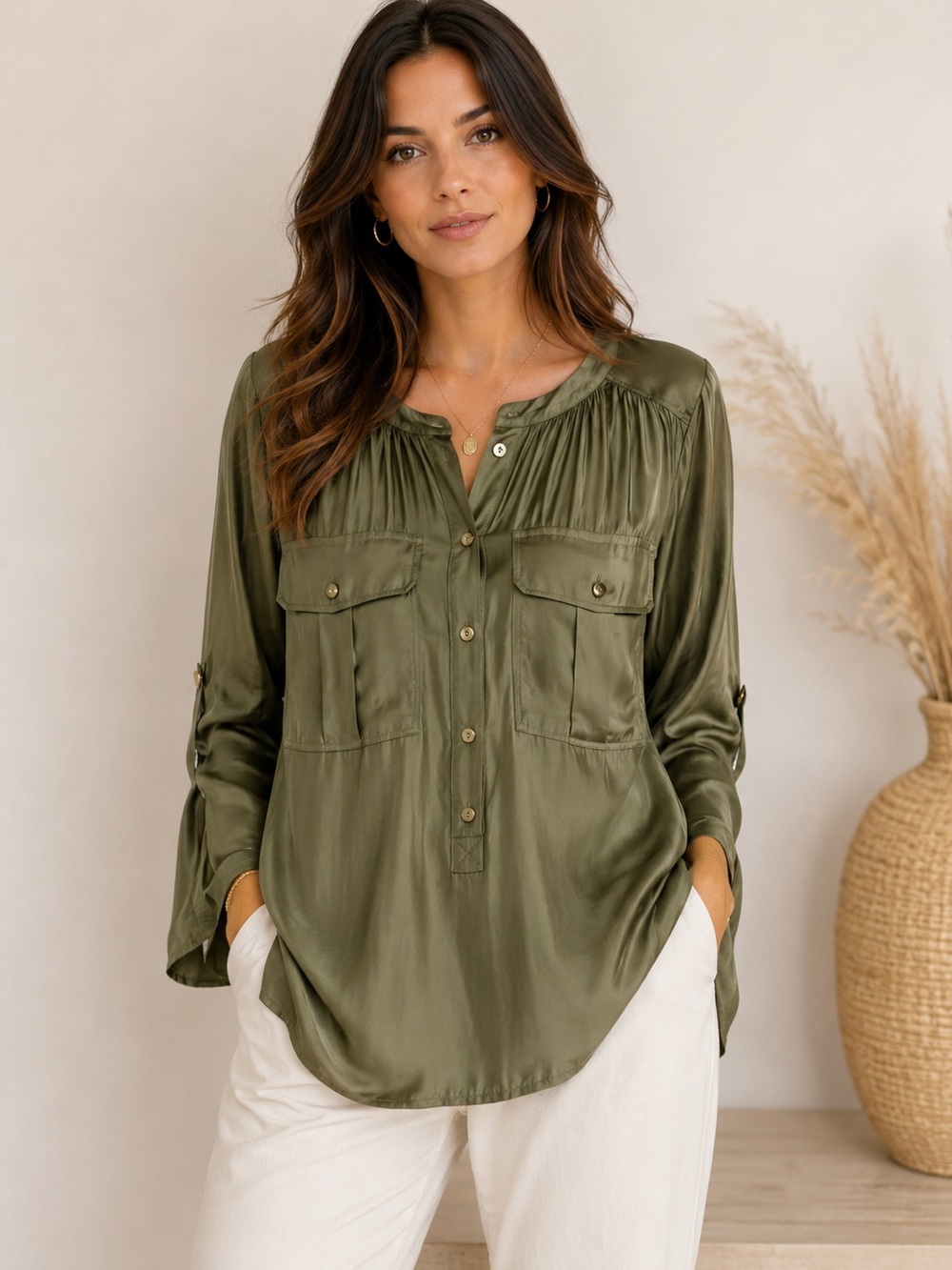 New Trina Turk Olive Silk Utility Style Half Button Blouse Sz S